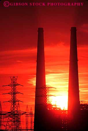 Stock Photo #7339: keywords -  building buildings california dawn dusk electrical electricity energy evening factory generate generates generating grid industry landing manmade mood moody morning moss plant power silhouette silhouettes smoke stacks structure sun sunrise sunset tall technology tower towers vert warm