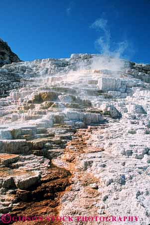 Stock Photo #7410: keywords -  accumulate accumulated accumulating accumulation buildup calcium carbonate creek deposit deposited deposition deposits environment form formation geologic geological geology geothermal hot landscape layer layers mammoth mineral minerals mist national nature park physical scenic science spring springs steaming stream terrace travertine vapor vert volcanic volcano water wyoming yellowstone