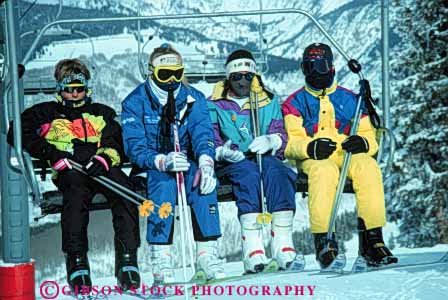 Stock Photo #5716: keywords -  chair chairs clothes clothing coat cold downhill equipment gloves goggles group hat high horz insulation jacket lift mask mountain outdoor outdoors outside parka portrait pose quad recreation resort season ski skier skiers skiing slope snow speed sport sports suit travel trip vacation warm winter