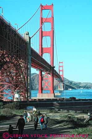 Stock Photo #10488: keywords -  bay bridge bridges cable california engineer engineered engineering famous francisco gate golden hikers landmark landmarks marin metal red san span spans steel suspension tall tower towers vert water