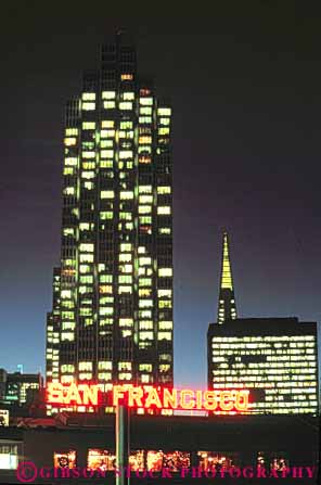 Stock Photo #10644: keywords -  buildings california center dark district downtown dusk evening francisco neon san sign signs sunset urban vert