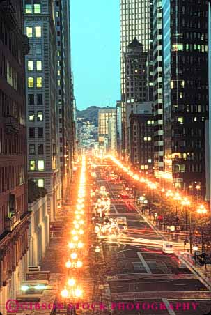 Stock Photo #10646: keywords -  buildings california canyon canyons center dark dawn district downtown elevate elevated francisco lamp lamps lighting lights market morning overhead san street streets urban vert view