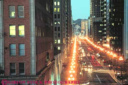 Stock Photo #10647: keywords -  buildings california canyon canyons center dark dawn district downtown elevate elevated francisco horz lamp lamps lighting lights market morning overhead san street streets urban view
