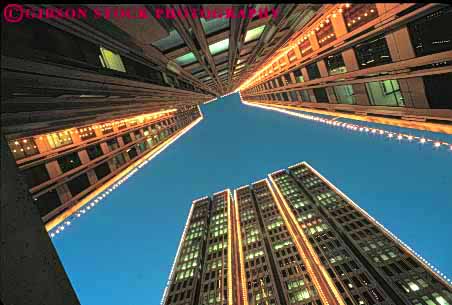 Stock Photo #10682: keywords -  abstract architecture between building buildings business california canyon center complex dark design downtown dusk embarcadero francisco high horz lighting lights modern new night office offices plaza rise san style up upward view
