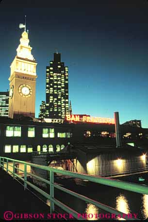 Stock Photo #10687: keywords -  architecture building buildings california dark design dusk evening ferry francisco landmark landmarks lighting lights night san sign signs style sunset sunsets tall tower tradition traditional vert waterfront