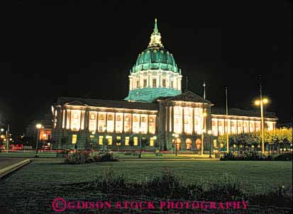 Stock Photo #10706: keywords -  architecture building buildings california cities city classical dark dome domes francisco government greek hall horz lighted lights municipal night public romanesque san tradition traditional