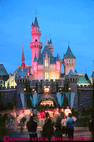 Stock Photo #12097: keywords -  amusement anaheim attraction beauty california castle castles destination disneyland dusk lighting lights park parks recreation sleeping tall theme tourist tower towers travel vert