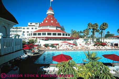 Stock Photo #9380: keywords -  architecture attraction california coronado del destination diego historic horz hotel hotels landmark landmarks old outdoor outside pool pools resort resorts san summer swim swimming tourist tradition traditional travel vacation