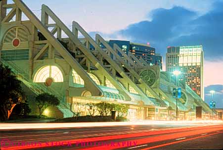 Stock Photo #9452: keywords -  architecture building buildings california center centers convention conventions dark design diego dusk evening hall horz light lighting lights meeting modern motion movement municipal new night public san streak streaks style traffic