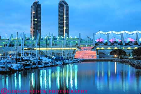 Stock Photo #9455: keywords -  and architecture building buildings california center centers convention conventions design diego dusk hall horz lighting lights marina meeting modern municipal new public reflect reflections reflects san style