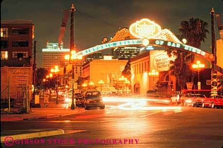 Stock Photo #9479: keywords - arch arches area bright building buildings california cities city community diego gas heritage historic horz lamp lighted neon night old quarter san sign signs vintage