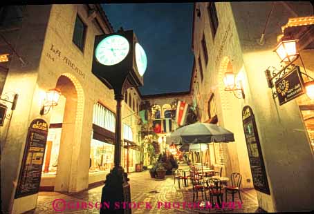 Stock Photo #9880: keywords -  arcada barbara california clock clocks dark dusk evening horz la lighting lights mall malls night plaza plazas santa shopping sidewalk tower town towns