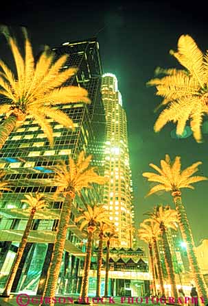 Stock Photo #8399: keywords -  angeles building buildings california center city core dark downtown dusk lighting los night office palm trees urban vert
