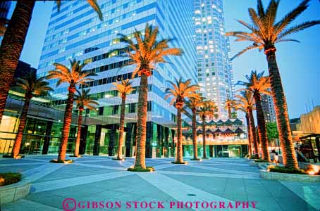 Stock Photo #8413: keywords -  and angeles building buildings business california center city commercial core dark district downtown dusk evening high horz lighting lights los ngeles night office palm plaza rise street sunset trees urban