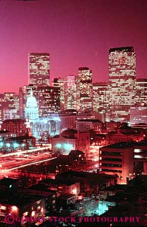 Stock Photo #3323: keywords -  building capitol city cityscape colorado denver downtown dusk lighting night red skyline state vert
