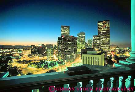 Stock Photo #12627: keywords - bright buildings center cities city cityscape cityscapes colorado commercial dark denver downtown dusk electricity elevate elevated evening horz lighting lights night office skyline skylines urban view