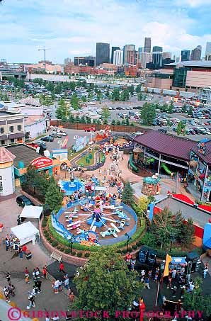Stock Photo #12625: keywords -  amusement city cityscape cityscapes colorado denver down downward elevated flags fun overhead park parks play playing recreation ride rides six skyline skylines theme thrill vacation vert view