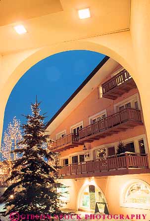 Stock Photo #11909: keywords -  arch buildings chill chilly cold colorado dark destination downtown dusk evening lighting lights mountains night outdoor outside recreation resort resorts rocky ski skiing snow sport sports travel vail vert winter