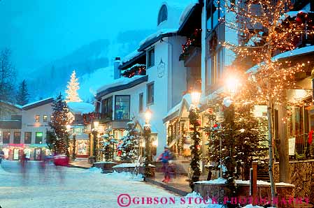 Stock Photo #11910: keywords - buildings chill chilly cold colorado dark destination downtown dusk evening horz lighting lights mountains night outdoor outside recreation resort resorts rocky ski skiing snow sport sports street streets travel vail winter