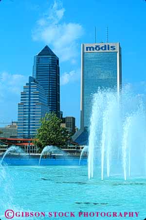 Stock Photo #7519: keywords -  america american architecture building buildings business center cities city cityscape cityscapes downtown florida fountain friendship jacksonville modern new office riverfront skyline skylines spray urban usa vert water