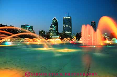 Stock Photo #7523: keywords - america american architecture bright building buildings business center cities city cityscape cityscapes color colorful dark downtown dusk evening florida fountain friendship horz illuminate illuminated jacksonville lighting lights lit modern new night office riverfront skyline skylines urban usa