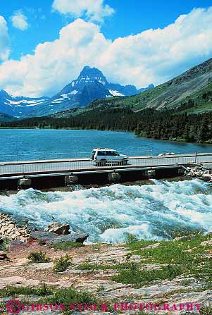 Stock Photo #12897: keywords -  bridge bridges car cars creek creeks glacier lake landscape landscapes montana mountain mountains national nature over park parks public rapid rapids river rivers rocky scenery scenic swiftcurrent vert wilderness