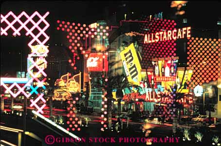 Stock Photo #8084: keywords -  abstract abstraction abstracts advertise advertisement architecture bright casinos color colorful dark destination double dusk evening exposure graphic horz hotels las lighting lights neon nevada night resort resorts sign signs travel usa vacation vegas