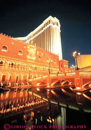 Stock Photo #8101: keywords -  architecture brid bright casino casinos color colorful dark destination dusk evening hotel hotels las lighting lights neon nevada night reflect reflection reflects resort resorts travel usa vacation vegas venetian vert