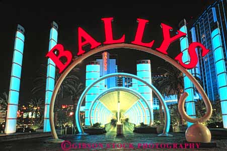 Stock Photo #8104: keywords -  arch architecture ballys bright casino casinos color colorful dark destination dusk evening horz hotel hotels las lighting lights neon nevada night resort resorts sign travel usa vacation vegas