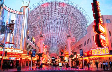 Stock Photo #8106: keywords -  architecture atrium bright canopies canopy casinos color colorful dark destination dusk evening experience fremont horz hotels las lighting lights mall malls neon nevada night promenade resort resorts sign signs street travel usa vacation vegas