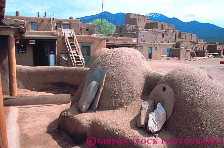 Stock Photo #12961: keywords - adobe american brown clay dome domes horz indian mexico mountains native new ovens pueblo pueblos reservation rocky round rounded taos tradition traditional west western