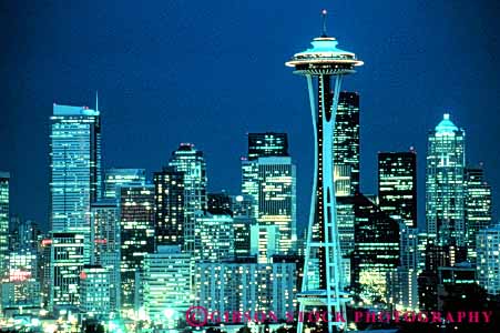 Stock Photo #3333: keywords - building city cityscape downtown dusk horz lighting needle night seattle skyline space washington