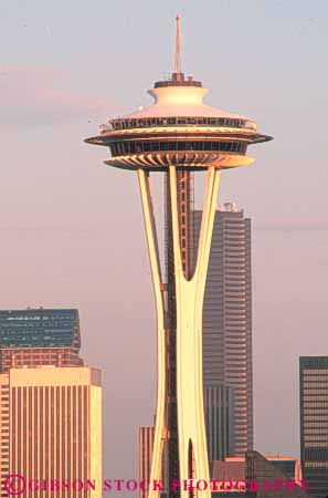 Stock Photo #10295: keywords -  architecture building circle circular cities city commercial design distinctive engineered engineering evening landmark landmarks leg legs modern needle northwest office offices oval round seattle space style support supports tall unique urban vert washington