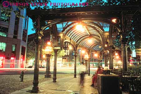 Stock Photo #10334: keywords -  dark downtown dusk evening historic history horz lighting lights night northwest pioneer plaza plazas seattle square urban washington
