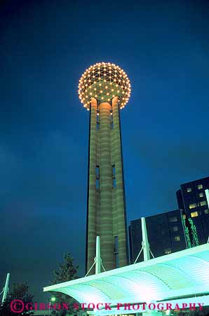 Stock Photo #17296: keywords - architecture ball building dallas dark evening high landmark lighting lights modern night reunion round sphere spheres spherical tall texas tower towers vert