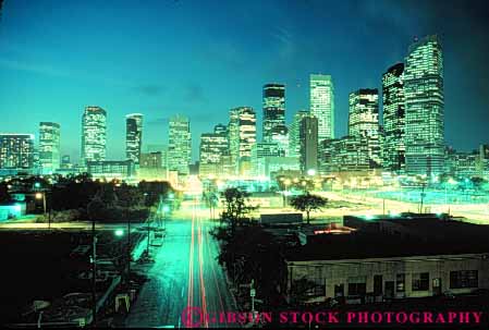 Stock Photo #7560: keywords -  america american architecture building buildings business center cities city cityscape cityscapes dark downtown dusk evening horz houston light lights modern new night office skyline skylines texas urban usa west