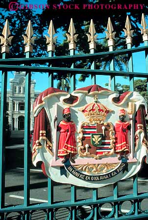 Stock Photo #13097: keywords - administration building buildings downtown emblem emblems gate gates government hawaii honolulu iolani iron legislature metal municipal oahu palace public seal seals symbol symbolize symbolizes symbols vert wrought