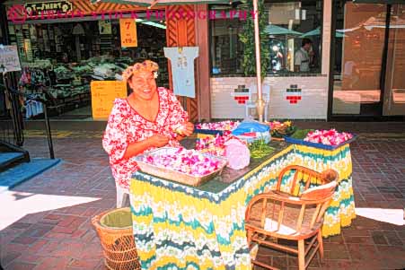 Stock Photo #8630: keywords -  beach business color colorful craft crafts craftsman craftsperson craftswoman destination flower flowers hand hawaii hawaiian horz international island islands lei leis local made making marketplace native oahu resort resorts retail sell selling small smile street tradition traditional travel tropical usa vacation vendor waikiki woman