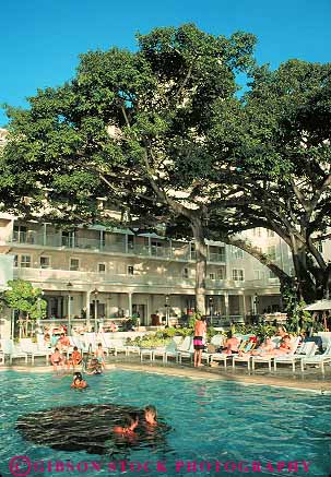 Stock Photo #13113: keywords -  beach destination hawaii hawaiian hotel hotels islands moana oahu pool pools resort resorts swim swimmers swimming tourist travel tropical vacation vert waikiki water