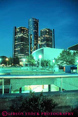 Stock Photo #7588: keywords -  america american architecture building buildings business center cities city cityscape cityscapes detroit downtown hart lights michigan modern near new night office plaza renaissance skyline skylines urban usa vert