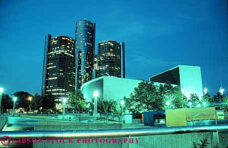 Stock Photo #7589: keywords -  america american architecture building buildings business center cities city cityscape cityscapes detroit downtown hart horz lights michigan modern near new night office plaza renaissance skyline skylines urban usa