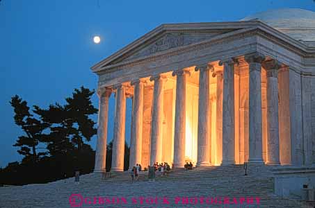 Stock Photo #8735: keywords -  architecture attraction capitol columbia column columns dark dc design district dusk evening greek horz illuminate illuminated jefferson lighting llights memorial monuments moon national night of pillar pillars rock stone tourist usa washington