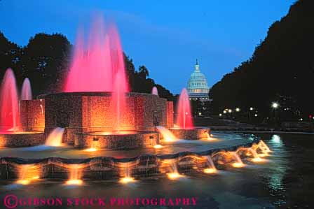 Stock Photo #8746: keywords -  america american americana architecture building buildings capitol capitols columbia dark dc design district dome domes dusk evening federal fountain fountains government headquarters horz illuminate illuminates lighted lights national night of office states united us usa washington