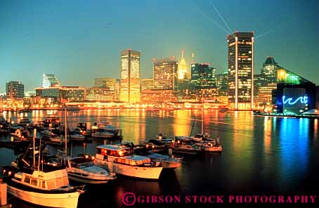 Stock Photo #3320: keywords - baltimore bright building city cityscape downtown dusk harbor horz lighting maryland night skyline