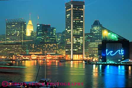 Stock Photo #7592: keywords -  america american architecture baltimore building buildings business center cities city cityscape cityscapes dark downtown harbor horz inner lighting lights maryland modern new night office reflect reflection reflects skyline skylines urban usa water
