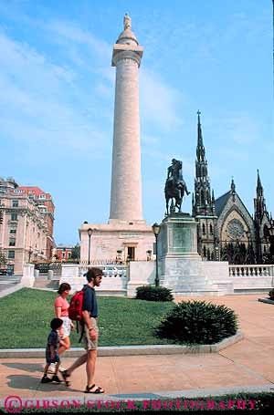 Stock Photo #11144: keywords -  baltimore cities city families family george maryland monument monuments past stone summer tall tower vert walking washington