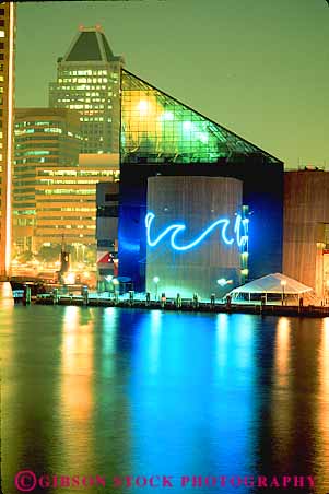 Stock Photo #12429: keywords - aquarium aquariums architecture attraction baltimore blue bright building buildings colorful dark dusk evening lighting lights maryland modern national neon new night public reflect reflecting reflection reflects tourist vert water