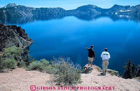 Stock Photo #13355: keywords -  caldera calderas crater craters formation geologic geological geology hike hiker hikes hiking horz lake lakes man men national of oregon park parks people public shore volcanic volcano volcanoes water