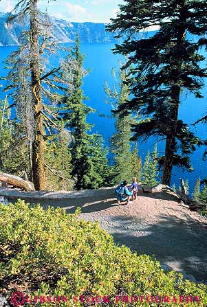 Stock Photo #13362: keywords - caldera calderas child crater craters daughter formation geologic geological geology hike hiker hikers hiking kid lake lakes mother national oregon outdoor outside parent parents park parks public recreation released single summer trail vert volcanic volcano volcanoes water