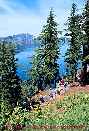 Stock Photo #13364: keywords -  caldera calderas crater craters crowd crowds formation geologic geological geology group groups hike hiker hikers hiking lake lakes national oregon park parks people public trail vert volcanic volcano volcanoes water